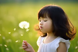 吹蒲公英的女孩可爱儿童绿色背景摄影图