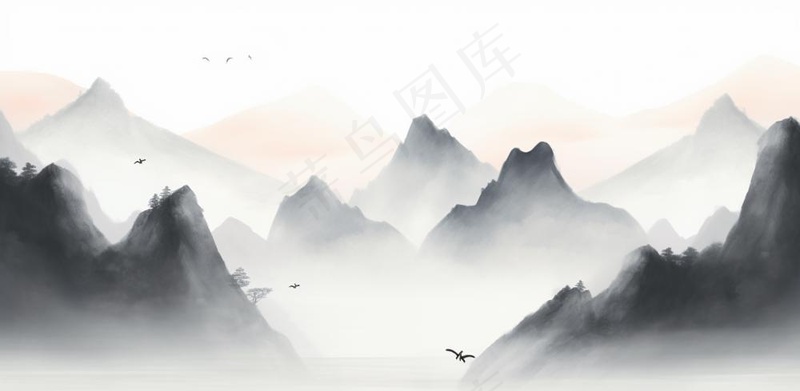 山水水墨画云层山峰中国风插画背景