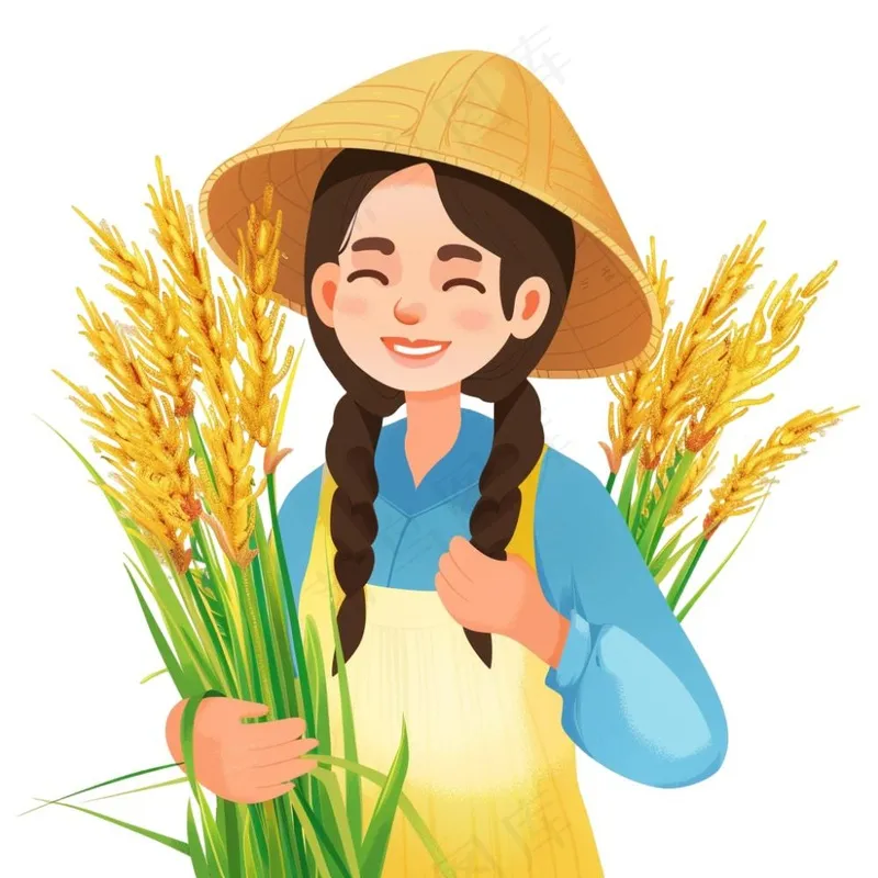 农民劳动人民抱着稻穗丰收人物插画免抠(1024x1024)