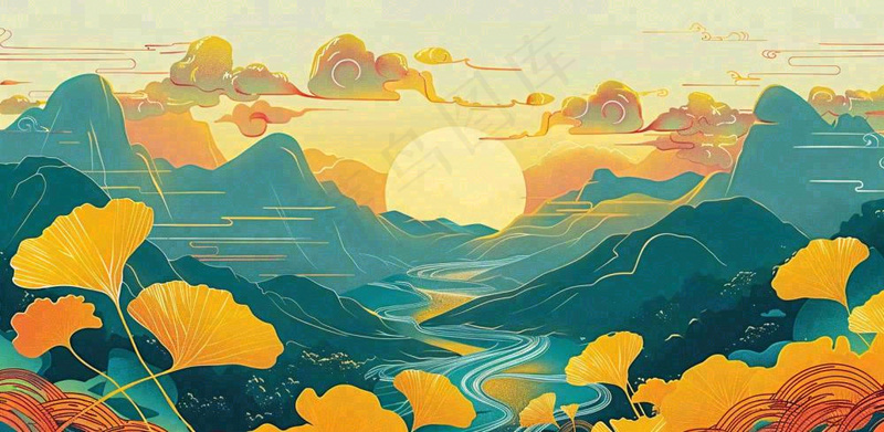 国潮风中国山水秋天落日银杏青山中秋重阳插画背景(1568x768)