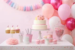 生日蛋糕派对气球粉色庆祝生日摄影图