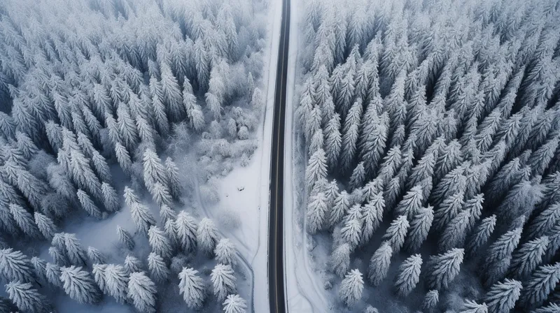 冬季森林大雪覆盖延绵的公路摄影图(4368x2448)