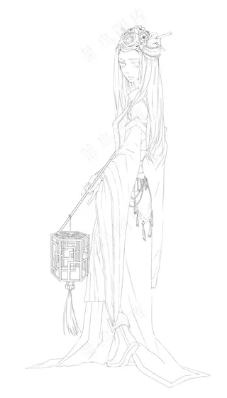 古风线稿丨PPT插画丨手绘线稿丨国风美女030