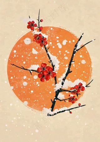 冬天梅花红圆形背景纸张纹理古风国风节日小年插画背景