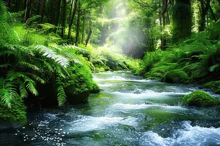 森林里的小溪河流阳光丁达尔效应摄影图