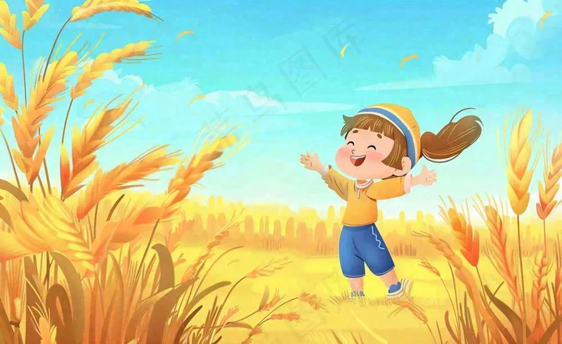 秋天丰收季麦田农田麦穗儿童嬉戏游玩芒种立秋处暑秋分卡通插画背景(1408x864)