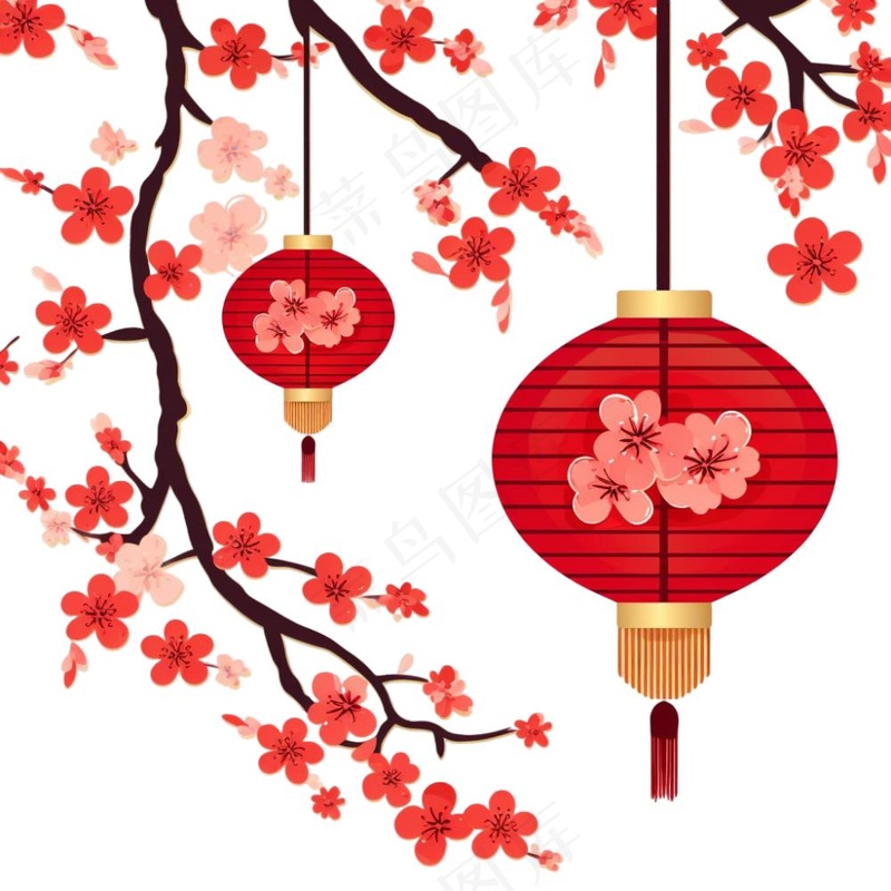 梅花红灯笼新春节日卡通插画免抠(1024x1024)