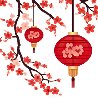 梅花红灯笼新春节日卡通插画免抠
