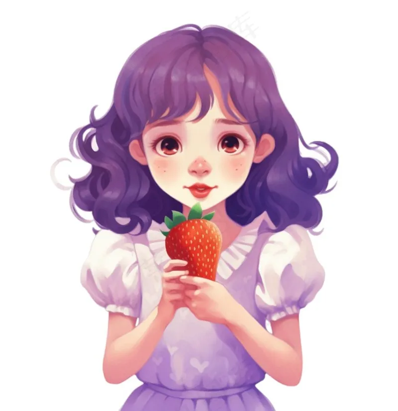少女拿着草莓紫色衣裙美丽可爱人物卡通插画免抠(1024x1056)
