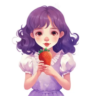 少女拿着草莓紫色衣裙美丽可爱人物卡通插画免抠