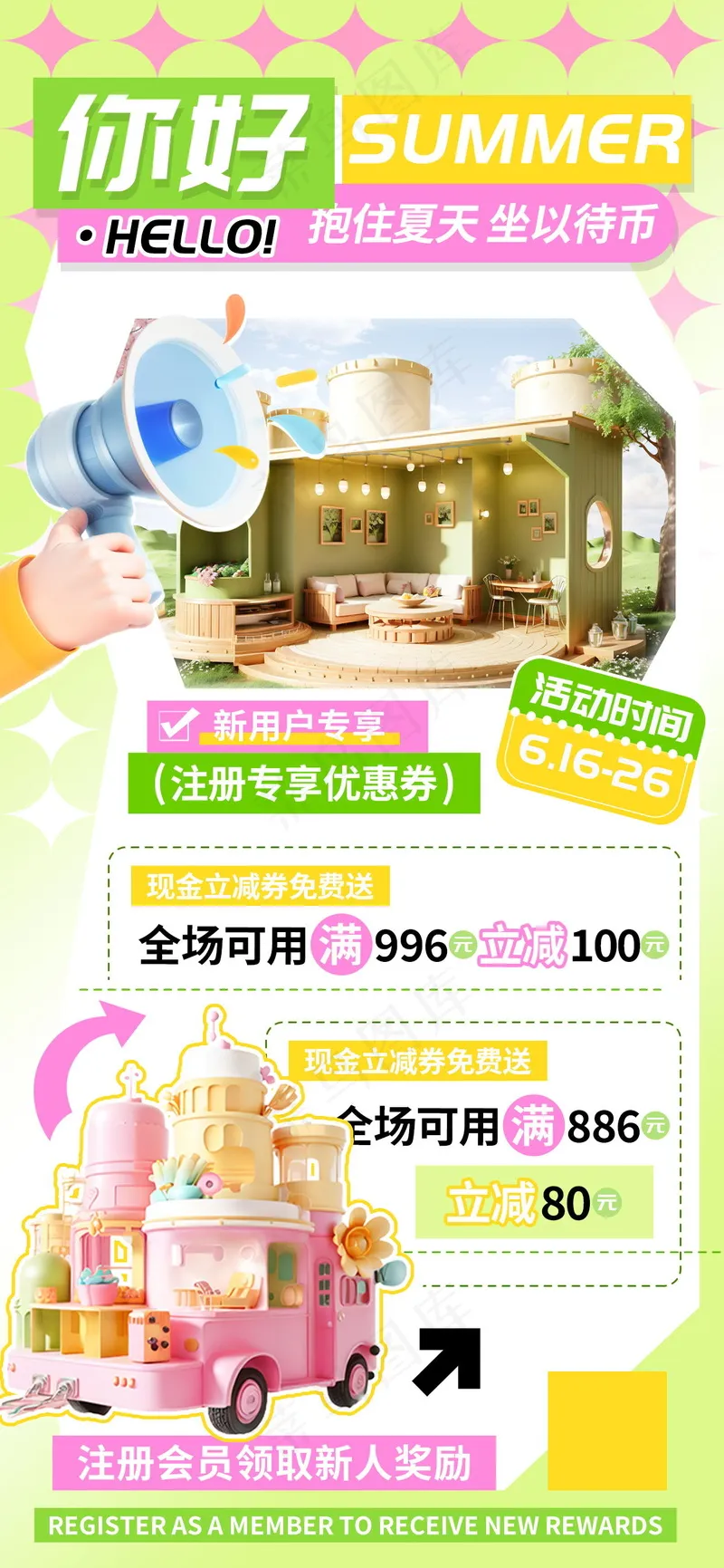 你好夏天新用户注册会员立减海报psd模版下载