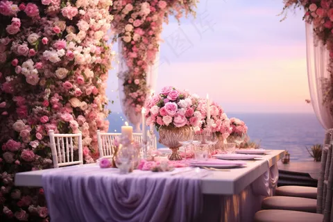 浪漫地中海婚礼粉色鲜花玫瑰梦幻浪漫摄影图