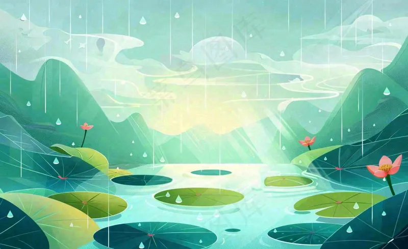 夏日荷花盛开暴雨天气山水花处暑小暑卡通插画背景(1408x864)