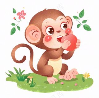 猴子吃苹果丛林植物动物卡通插画免抠