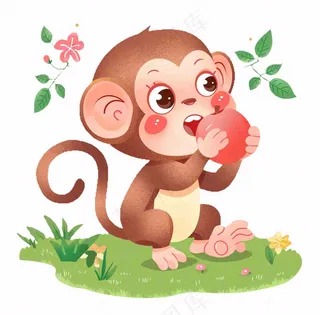 猴子吃苹果丛林植物动物卡通插画免抠