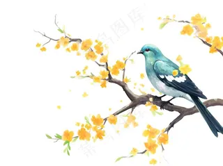 站在树上的鸟黄花卡通插画免抠