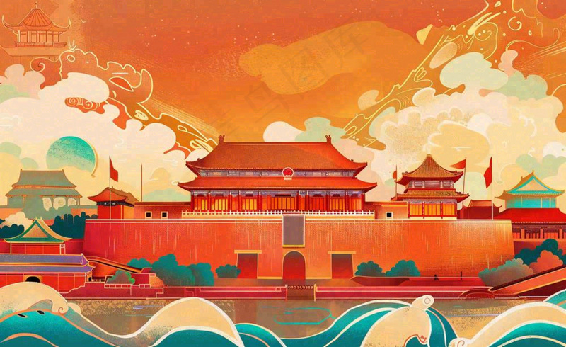 祖国繁荣昌盛插画*红色喜庆庆祝山河国庆建军建党国潮风插画背景(1408x864)