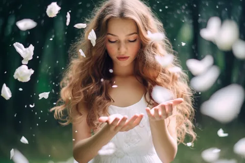 美丽少女精灵穿着白色裙子森林里白色花瓣摄影图