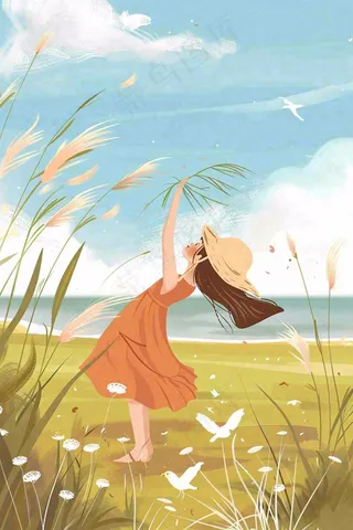 秋天湖边女孩随风舞动芦苇荡白鸽白鹭白露寒露插画背景