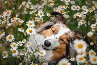 边牧小雏菊里的小狗摄影图