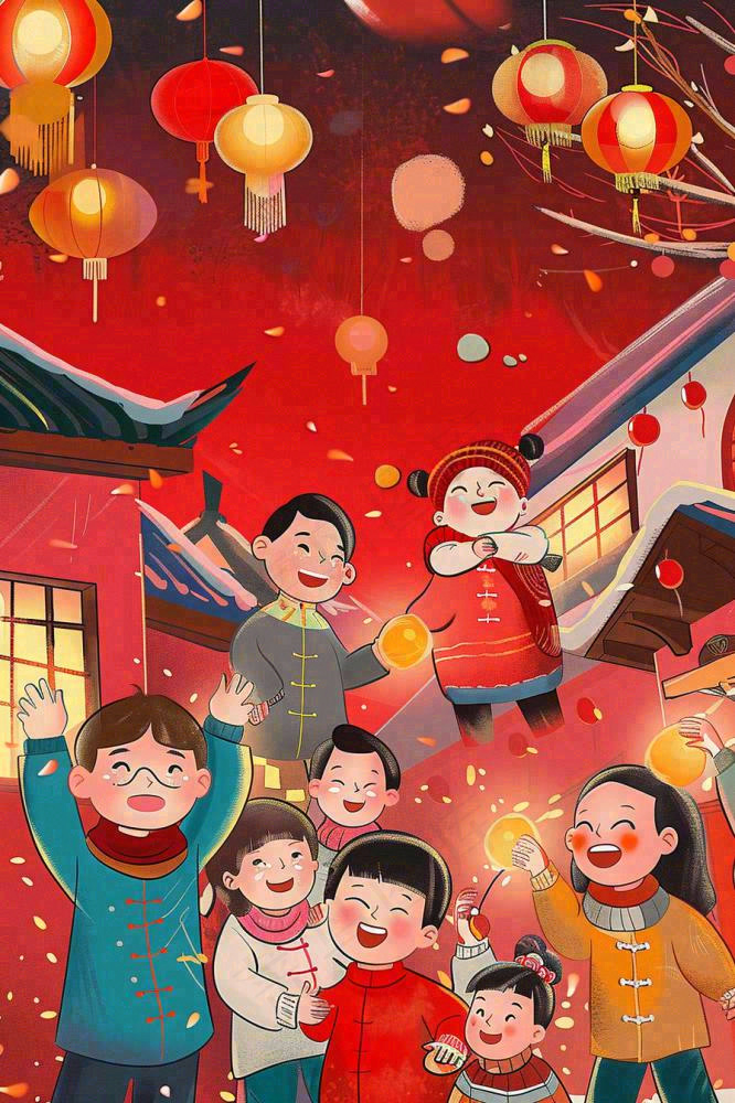 新年除夕热闹的街区烟花庆祝人物插画背景(896x1344)