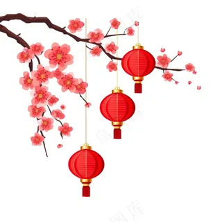 梅花红灯笼新春节日卡通插画免抠