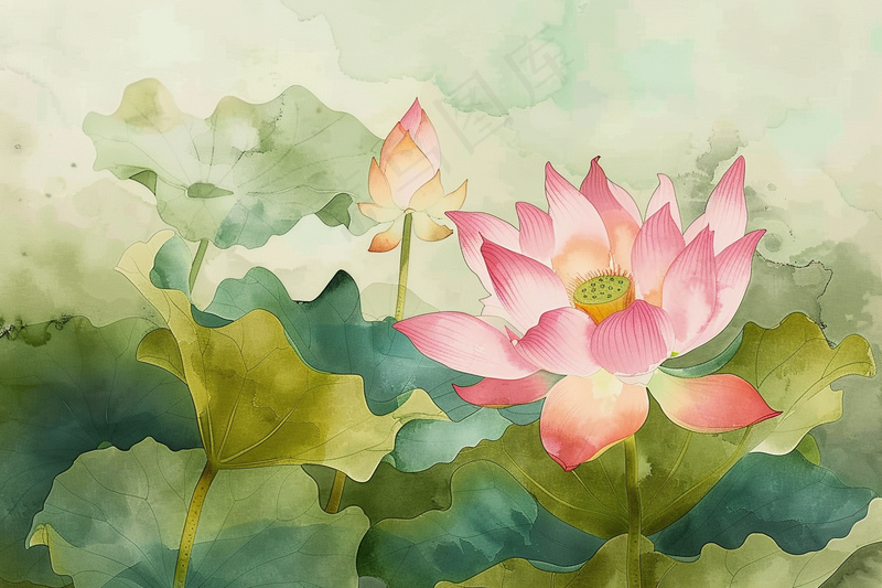 荷花荷叶水墨国画插画背景(4032x2688)