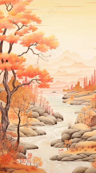 国风山水画河流花草国画水墨画素材背景