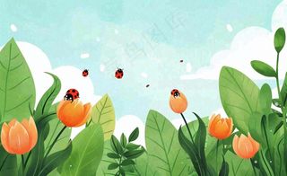 惊蛰雨水谷雨春天二十四节气卡通手绘插画瓢虫昆虫复苏绿色花草卡卡通插画背景