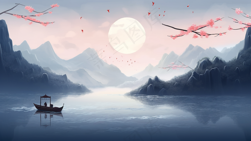 春天桃花渔船山水画水墨插画背景(4368x2448)