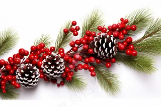 一串松果浆果松树枝松子白色背景摄影图