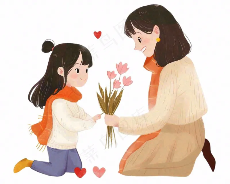 母亲节送花母女妈妈亲情人物卡通插画免抠(1200x960)