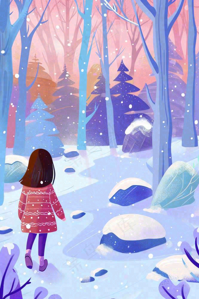 冬天女孩走进白雪下的森林紫色冬至大雪卡通插画背景
