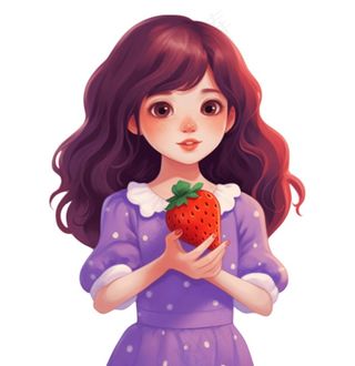 少女拿着草莓紫色衣裙美丽可爱人物卡通插画免抠