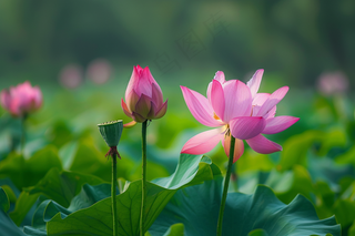 夏日荷花荷叶摄影图