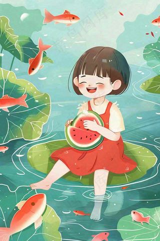 夏天荷花莲花池塘女孩吃西瓜坐着荷叶上唯美清凉立夏夏至卡通插画背景