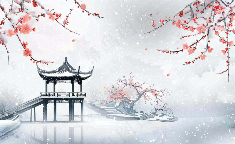 冬天雪景梅花水中凉亭雪花飘落冬至立冬古风小雪大雪手绘水墨国画插画背景(1408x864)