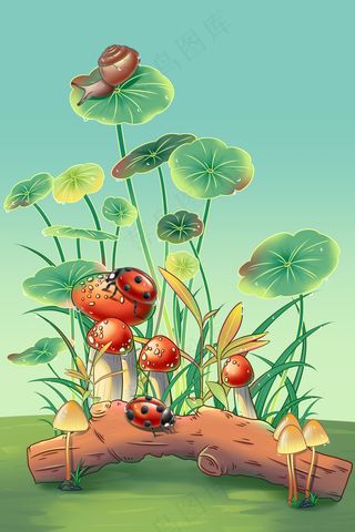 二十四节气惊蛰植物瓢虫蜗牛绿色(2)