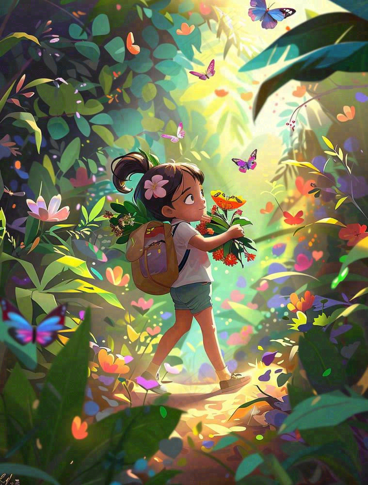 夏天户外森林丛林冒险的青少年背包旅行探险卡通插画背景(960x1264)