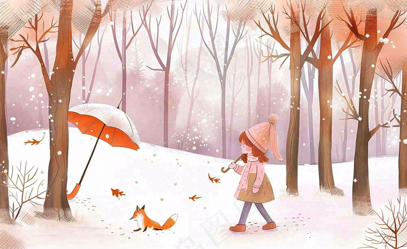 秋冬森林打伞的女孩狐狸动物相遇立冬小雪大雪冬至卡通插画背景(1408x864)