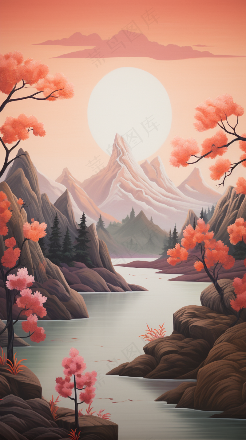 国风山水画河流花草国画水墨画素材背景(2448x4368)