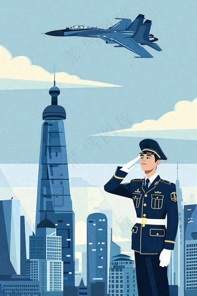 军人城市飞机蓝色建军卡通插画背景