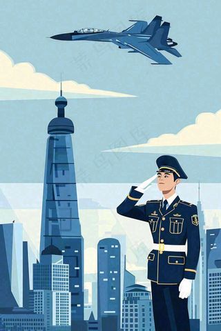 军人城市飞机蓝色建军卡通插画背景