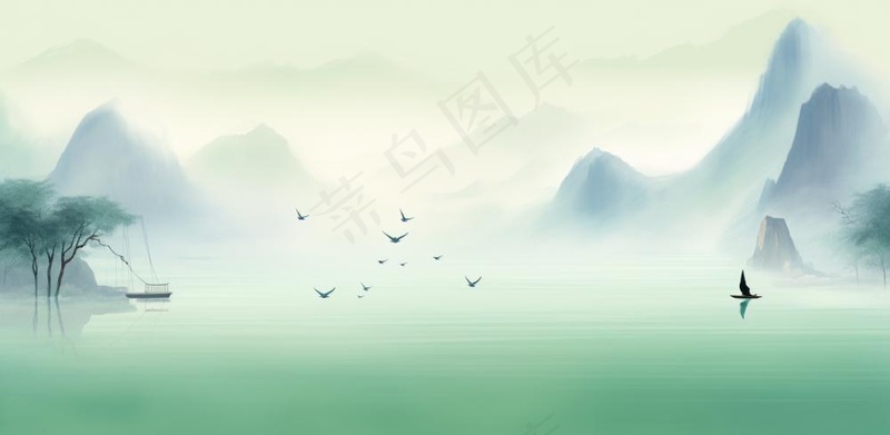 山水水墨画中国风插画背景(1568x768)