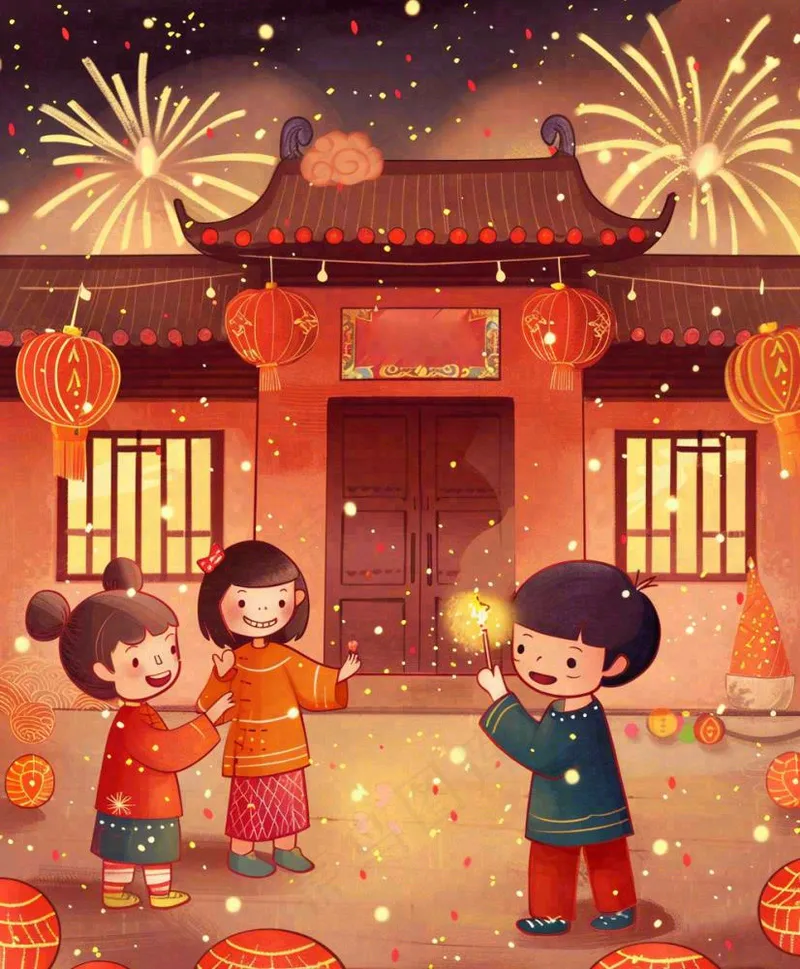 新年热闹儿童在家门口放烟花春节喜庆庆祝春节小年除夕夜元宵卡通插画背景(992x1200)