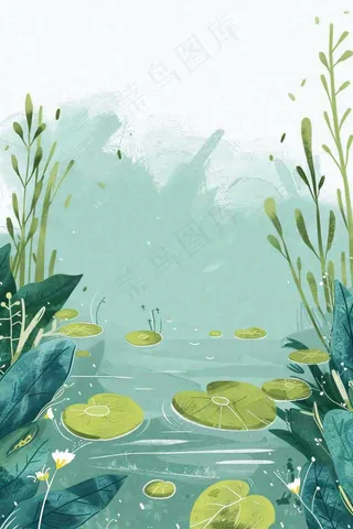 夏日池塘荷花睡莲水塘立夏小暑大暑处暑插画背景
