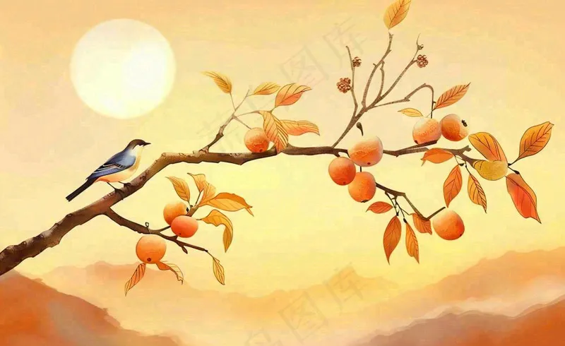 秋天柿子树枝条的小鸟夕阳西下日出金秋秋分立秋重阳插画背景(1408x864)