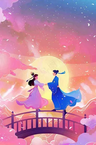 七夕牛郎织女鹊桥相约浪漫情人节插画背景