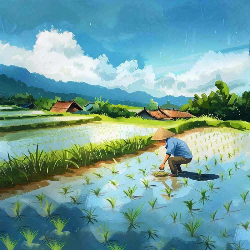 水彩手绘谷雨农夫插秧小满芒种蓝色清新背景插画(1024x1024)