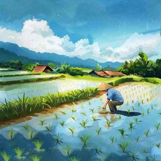 水彩手绘谷雨农夫插秧小满芒种蓝色清新背景插画